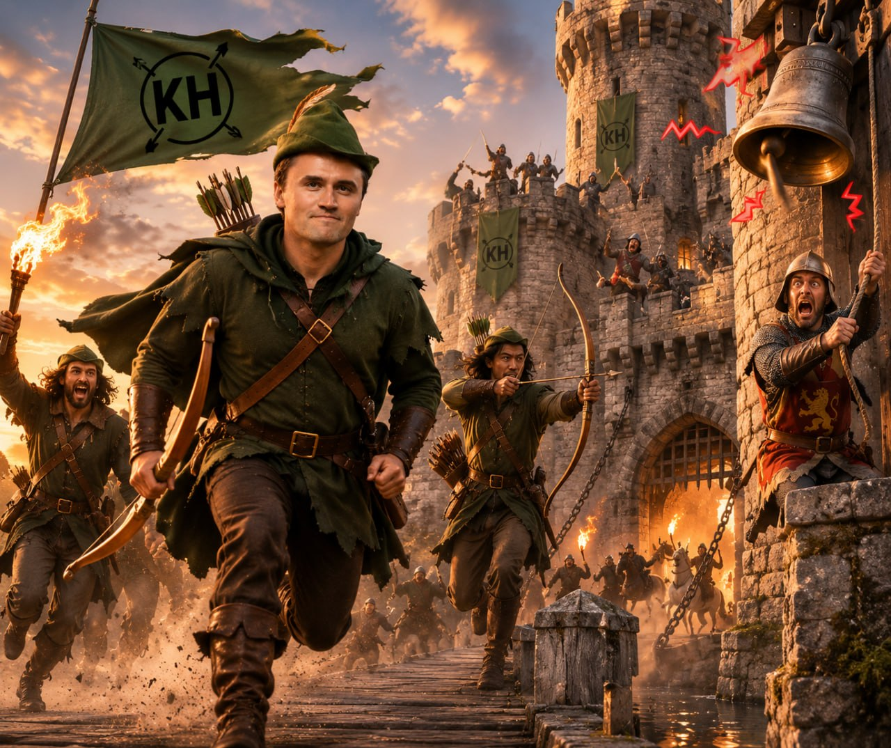 Kirkhood and his merry band storming Lord Bibi's castle